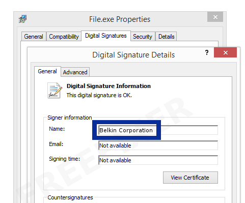 Screenshot of the Belkin Corporation certificate